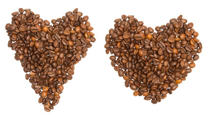 Coffee beans isolated on white background.  Two hearts made from coffee beans. Coffee fresh roast. Concept Love
