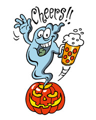 Ghost flies out of pumpkin with glass of beer and screams Cheers, Halloween theme color cartoon