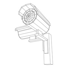 Modern video camera. Webcam viewing area. Safety, security concept. Wireframe low poly mesh vector illustration.
