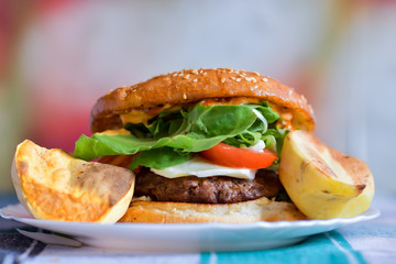 Delicious fresh homemade burger and French fries