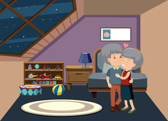 Scene with old couple staying at home