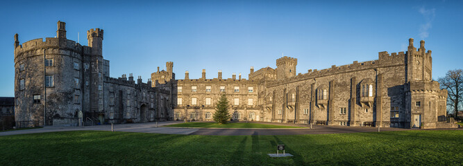 Main facade of Kilkenny Castle, a historic landmark in the town of Kilkenny, Ireland.