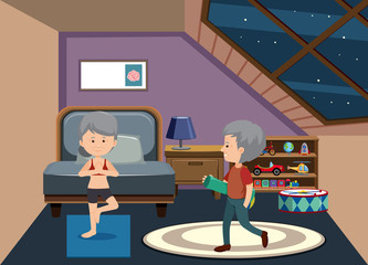 Background scene with old couple staying at home