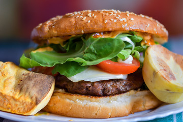 Delicious fresh homemade burger and French fries
