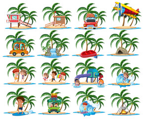 Fototapeta premium Group of vacation activities on the tropical island cartoon character on white background
