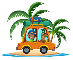 Tavelling car in tropical island splash water cartoon character on white background