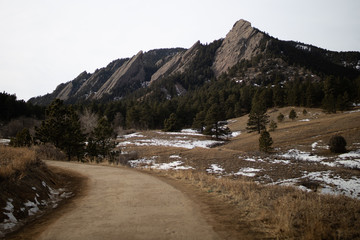 Boulder, Colorado - January 16, 2020: Flatiron mountains view in the entrace of the Chautauqua Park in Boulder, Colorado