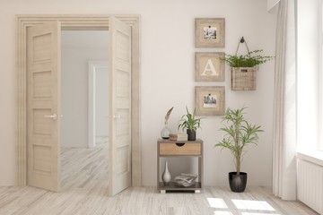 Fototapeta na wymiar White empty room with wooden table. Scandinavian interior design. 3D illustration