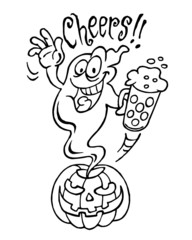 Ghost flies out of pumpkin with glass of beer and screams Cheers, Halloween theme black and white cartoon