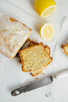 Top View Of Slices Of Glazed Lemon Pound Cake Loaf With Poppy Seedseed