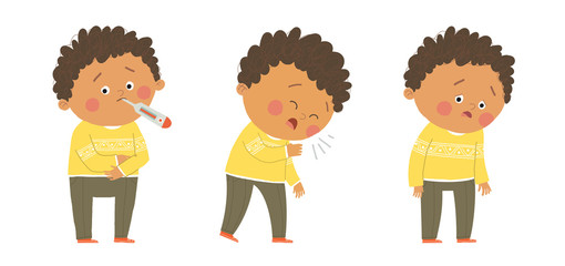 Cute sick african american boy. Flu symptoms fever, cough, tiredness. Cartoon vector hand drawn eps 10 illustration isolated on white background in a flat style.