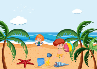 Fototapeta na wymiar Background scene with kids playing on the beach