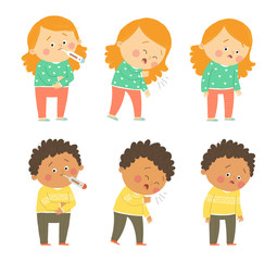 Flu symptoms fever, cough, tiredness. Cute african american boy and caucasian girl. Cartoon vector hand drawn eps 10 illustration isolated on white background in a flat style.