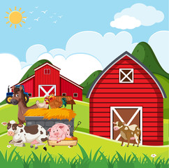 Farm scene with many animals on the farm
