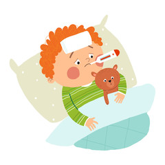 Illustration of a Sick Boy Wrapped in a Blanket and with a Compress on His Head. Cartoon vector hand drawn eps 10 illustration isolated on white background in a flat style.