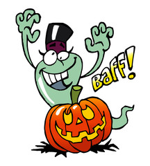 Ghost with hat and scary pumpkin, Halloween theme colorful cartoon