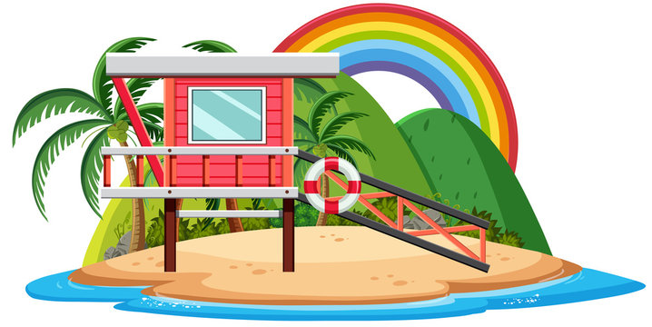 Bungalow on the tropical island cartoon on white background