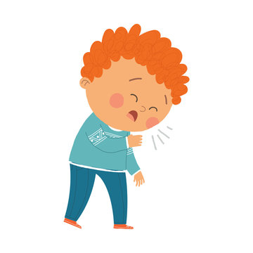 Cute Boy Coughing. Cartoon vector hand drawn eps 10 illustration isolated on white background in a flat style.