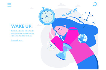 Morning, woman character, alarm clock. routine theme. Vector illustration for web banner, infographics, mobile. Morning wake up alarm and happy,   new day. 