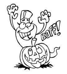 Ghost with hat and scary pumpkin, Halloween theme black and white cartoon