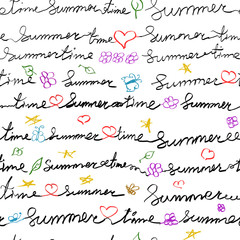 Summer time handwrite letters with cute colorful elements on white background. Seamless black and white pattern for wrapping paper, textile, packageing
