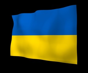 The flag of Ukraine on a dark background. National flag and state ensign. Blue and yellow bicolour. 3D illustration waving flag