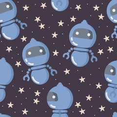 Fototapeta premium Seamless pattern with a blue robot on a starry sky. Vector image on a white background. Children's pattern for printing on fabric, wallpaper and packaging.