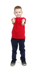 boy in red t-shirt showing thumbs up