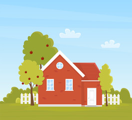 Obraz na płótnie Canvas Red country house with apple tree garden. Summer rural landscape. Vector illustration, flat style