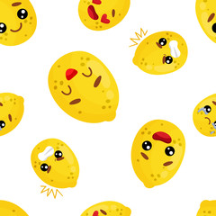 Seamless pattern emoji lemon emoticons with different emotions, smile, laugh, anger, cry, love. Isolated vector illustration with different character.