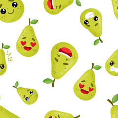 Seamless pattern emoji pear emoticons with different emotions, smile, laugh, anger, cry, love. Isolated vector illustration with different character.