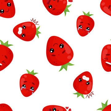 Seamless pattern emoji strawberry emoticons with different emotions, smile, laugh, anger, cry, love. Isolated vector illustration with different character.