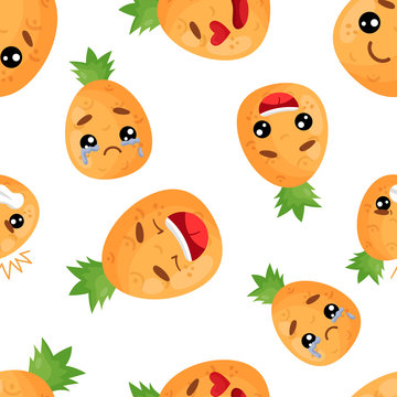 Seamless pattern emoji pineapple emoticons with different emotions, smile, laugh, anger, cry, love. Isolated vector illustration with different character.