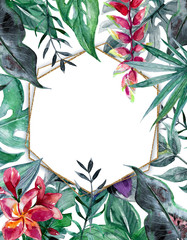 Fototapeta premium Beautiful frame with hand drawn watercolor tropical leaves and flowers.