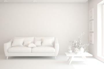 White minimalist living room with sofa. Scandinavian interior design. 3D illustration