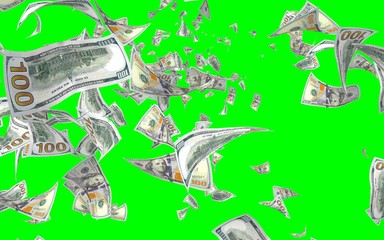 Flying dollars banknotes isolated on chromakey. Money is flying in the air. 100 US banknotes new sample. 3D illustration