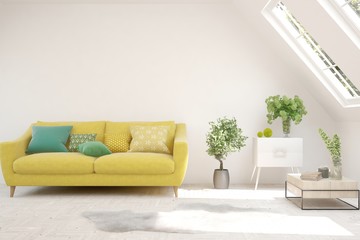 White living room with sofa. Scandinavian interior design. 3D illustration