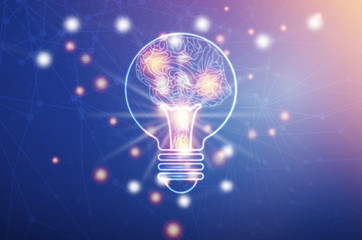 Light bulb with brain, brain in light bulb and point connecting network on blue background. Creative The brain in the light bulb, The concept of the business idea.