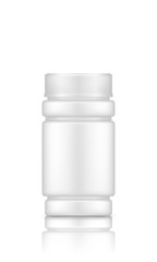 Supplement or medicine pills bottle mockup isolated on white background. Plastic package design. Blank medicine, sport nutrition, healthcare template. 3d realistic vector illustration