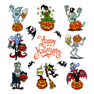 Happy Halloween set of monsters, ghost, vampire, skeleton, frankenstein, frog, black cat, pumpkin and bat, color cartoon