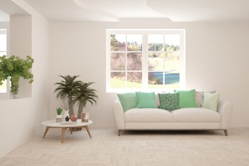 White living room with sofa. Scandinavian interior design. 3D illustration