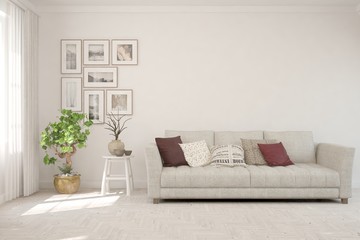 White living room with sofa. Scandinavian interior design. 3D illustration