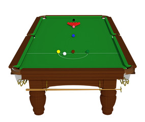 The snooker table with a cue and balls isolated on a white background. 3d render