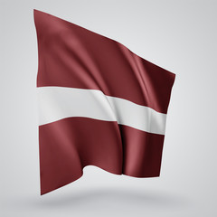 Latvia, vector flag with waves and bends waving in the wind on a white background.
