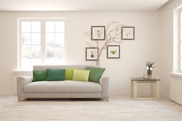 White living room with sofa. Scandinavian interior design. 3D illustration