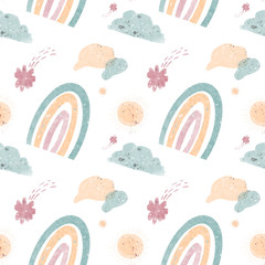 Cute minimalistic scandinavian square seamless pattern with rainbow and sky. Watercolor digital art on a white background. The print for a nursery, cards, invitations, posters, cards