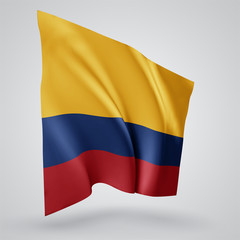 Colombia, vector flag with waves and bends waving in the wind on a white background.