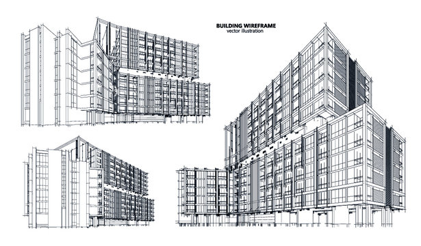 3d wireframe of building. sketch design.Vector
