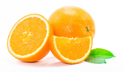 Fresh orange fruit with leaf on white background
