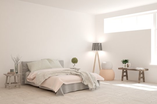 Fototapeta White bedroom interior. Scandinavian design. 3D illustration
